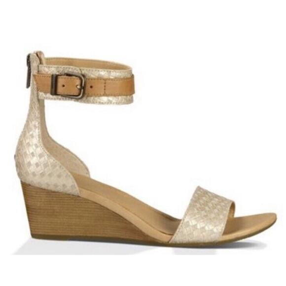 NEW UGG Char Wedge Ankle Sandals •6.5• Gold Beige Leather Woven - Picture 1 of 13